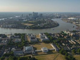 View over London, the River Thames and the historic buildings and parks of Greenwich. The Old Royal Naval College, maritime Greenwich.