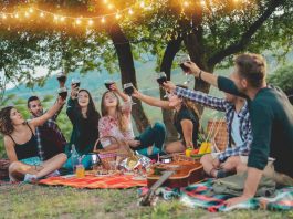 Happy friends having fun at picnic dinner with vintage lights outdoor next vineyard - Young people cheering with red wine on weekend summer night