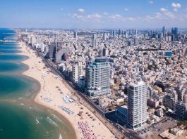 Tel Aviv skyline off the shore of the Mediterranean sea